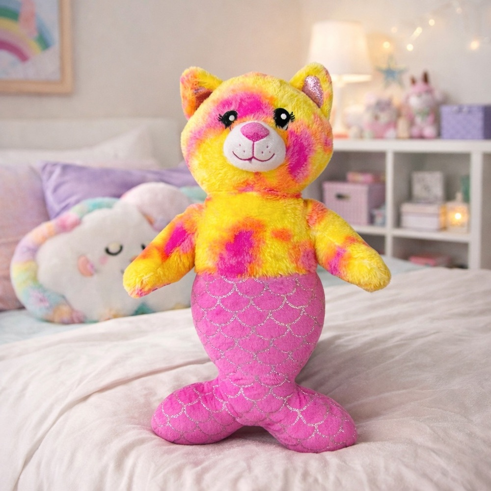 Build-A-Bear Mer-Cat Plush‎ 16" Pink Tie-Dye Shimmering Tail Mermaid Cat